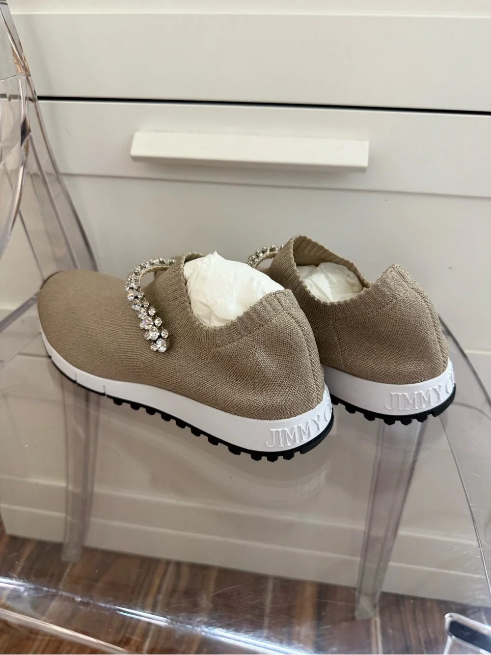 Jimmy Choo Beige Metallic Crystal-Embellished Knit Slip-On Sneakers